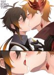 2boys 2koma 707kuroyuki artist_name black_gloves blush brown_hair closed_eyes comic couple duo earrings french_kiss genshin_impact gloves gradient gradient_hair hair_between_eyes hand_up jewelry kissing long_hair looking_at_another low_ponytail male/male male_only multicolored_hair multiple_boys neck neck_tie necktie_pull open_mouth orange_hair ponytail romantic romantic_couple saliva short_hair simple_background surprised tartaglia_(genshin_impact) tied_hair tongue two-tone_hair two_tone_hair upper_body white_background yaoi yellow_eyes zhongli_(genshin_impact)