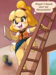 1girl 2024 3:4 ajin animal_crossing anthro blonde_hair blush bottomwear canid canine canis casual_exposure clothed clothing dialogue domestic_dog female file file_folder folder fur genitals hair happy high_res humanoid_genitalia humanoid_pussy isabelle_(animal_crossing) ladder mammal nintendo no_underwear open_mouth pencil_skirt pussy secretary shih_tzu short_stack skirt smile solo speech_bubble tail tail_motion tailwag teeth tongue topwear toy_dog upskirt vest yellow_body yellow_fur