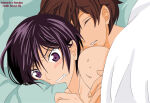 2boys bare_shoulders bed black_hair brown_hair closed_eyes code_geass couple duo embarrassed kururugi_suzaku lelouch_lamperouge love lying lying_on_bed lying_on_side male/male male_only multiple_boys neck nervous nude nude_male on_bed on_side short_hair shy sleeping suzaku_kururugi yaoi