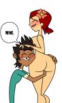 1boy 1girl ass biting_lip black_hair cartoon_network closed_eyes dezetaka, english_text flower_in_hair lipstick mike_(tdi), no_bra no_panties nude red_hair smiling_at_viewer speech_bubble teletoon total_drama, white_background zoey_(tdi)