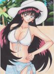 1girl 1girl alluring beach big_breasts bikini bikini_top_only bishoujo_senshi_sailor_moon black_hair blue_eyes closed_mouth colored_skin earrings hand_on_own_hip hat high_res hot jewelry long_hair rascal_(n119) rei_hino sailor_mars smile solo_focus swimsuit white_bikini white_hat white_skin