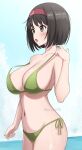 1girl 1girl 1girl alluring artist_name bare_shoulders beach beach_background bikini black_eyes black_hair blue_sky bob_cut breasts cleavage cloud erika_(pokemon) female_focus female_only green_bikini hairband high_res high_res high_resolution light-skinned_female light_skin navel pokemon shiny shiny_body shiny_hair short_hair sky surippa1010 swimsuit wet wet_body wet_skin