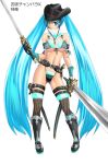  1girl aqua_eyes aqua_hair arm_strap belt bikini boots breasts contrapposto cowboy_hat dual_wielding fishnet_legwear fishnets front-tie_top full_body fur_collar fur_trim garters hat hatsune_miku highleg highleg_bikini highleg_swimsuit holster judge_martin kagura_(oneechanbara) kagura_(oneechanbara)_(cosplay) kneehighs large_breasts long_hair miku_hatsune navel oneechanbara scabbard sheath simple_background solo stampede_string standing stockings swimsuit sword thigh_strap thighhighs twin_tails twintails underboob very_long_hair vocaloid weapon white_background wrist_ribbon 