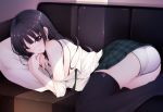 bare_shoulders black_hair black_legwear blush boku_wa_tomodachi_ga_sukunai long_hair lying mikazuki_yozora mogu panties pillow purple_eyes shiny shiny_skin skirt solo underwear white_panties