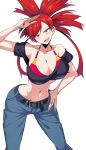 1girl 1girl 1girl alluring arm_above_head bent_over big_breasts big_breasts big_breasts cleavage confident female_only flannery flannery_(pokemon) hand_on_hip hand_on_own_head jeans leaning_forward legs looking_at_viewer midriff navel nintendo pants pokemon ponytail pose posing red_eyes red_hair sensual smile suzusiigasuki thighs voluptuous