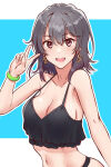 1girl 1girl alluring bikini black_bikini black_hair blue_background cleavage collarbone colored_tips earrings high_res jewelry kejanbo0111 looking_at_viewer medium_breasts medium_hair multicolored_hair navel open_mouth purple_eyes silf smile swimsuit two-tone_background v white_background yahari_ore_no_seishun_lovecome_wa_machigatteiru. yukinoshita_haruno