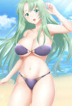 1girl 1girl 1girl alluring alternate_costume beach big_breasts bikini blue_sky cecilia_(fire_emblem) cleavage cloud collarbone covered_nipples female_only fire_emblem fire_emblem:_the_binding_blade green_eyes green_hair ham_pon high_res long_hair looking_at_viewer navel nintendo ocean open_mouth outside pink_nails purple_bikini purple_swimsuit sand skindentation sky smile stomach sunlight swimsuit under_boob water