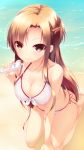 1girl alluring asuna_(sao) barefoot beach big_breasts bikini blush breasts brown_eyes brown_hair cleavage front-tie_top half_updo highres kneeling large_breasts long_hair looking_at_viewer lotion mogu sand shiny shiny_skin shokuyou_mogura side-tie_bikini sitting smile solo sunscreen suntan_lotion swimsuit sword_art_online wallpaper wariza water