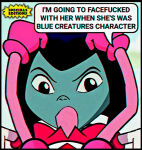 angry angry_face angry_sex background_character ben_10:_alien_force big_penis black_hair blowjob_face blue_skin cartoon_network crossover deepthroat edit edited_screencap erection_under_clothes face futanari hand_grab hand_on_head penis_in_mouth pink_gloves pink_shorts pink_skin probity short_hair speech_bubble spinel_(steven_universe) steven_universe sucking_penis weird_crossover white_background white_legwear white_shirt