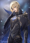 1boy arm_at_side black_gloves blonde_hair blonde_male blue_eyes cape closed_mouth dainsleif_(genshin_impact) expressionless fuyuni0307 genshin_impact gloves hair_between_eyes hand_up looking_at_viewer male_only male_solo short_hair