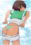 1girl ass brown_hair dark_skin green_eyes green_thong looking_back murasa_minamitsu short_hair smile solo tan tan_line thong thong_pull touhou underwear