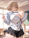 1girl ai_generated atlus blush breasts brown_hair cleavage devil_survivor_2 embarrassed hips huge_breasts light-skinned_female light_skin lucyla megami_tensei nitta_io school_uniform schoolgirl shin_megami_tensei thick_thighs thighs wardrobe_malfunction who wide_hips