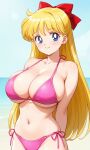 1girl 1girl 1girl alluring arms_behind_back beach big_breasts big_breasts big_breasts bikini bishoujo_senshi_sailor_moon blonde_hair blue_eyes breasts cleavage female_only hair_ribbon high_res legs long_hair looking_at_viewer minako_aino navel nightcore_(artist) ocean pink_bikini pose posing side-tie_bikini sideboob smile thighs voluptuous water