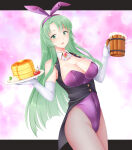 1girl alluring alternate_costume animal_ears bare_shoulders beer beer_mug big_breasts blush bunny_ears bunny_girl bunnysuit cecilia_(fire_emblem) cherry cleavage cowboy_shot detached_collar elbow_gloves fake_animal_ears female_only fire_emblem fire_emblem:_the_binding_blade food fruit gloves green_eyes green_hair ham_pon high_res leotard long_hair looking_at_viewer mug nintendo open_mouth pancake pantyhose pink_background playboy_bunny purple_leotard rabbit_ears root_beer smile star_(symbol) strapless strapless_leotard thighs very_long_hair waitress white_gloves