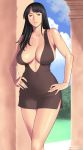  1girl bare_shoulders black_hair breasts cleavage curvy dress female hands_on_hips highres hips huge_breasts long_hair nico_robin one_piece sagging_breasts sideboob smile solo takasugi_kou takasugikou wide_hips 