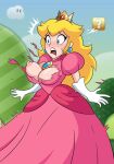 1girl big_breasts blonde breasts breasts_out clothed clothing dress hauntedhouseart mario_(series) no_bra pink_dress princess_peach ripped_clothing shocked shocked_expression tagme torn_clothes torn_clothing wardrobe_malfunction