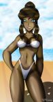 1girl avatar:_the_last_airbender beach bikini blue_eyes brown_hair dark_skin female_only korra ocean ponytail smile solo_female the_legend_of_korra the_legend_of_korra* twin_tails x^j^kny x^j^kny_(artist)