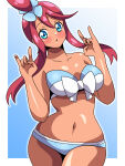 1girl alluring big_breasts bikini blue_eyes blush creatures_(company) dark-skinned_female dark_skin game_freak high_res inabakun00 long_hair nintendo pokemon pokemon_bw pokemon_rse_(anime) red_hair skyla skyla_(pokemon) swimsuit wide_hips