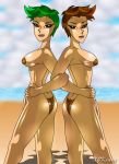  ass beach black_eyes breasts colleen green_hair lizzy ocean orange_hair shiny shiny_skin short_hair x^j^kny x^j^kny_(artist) 