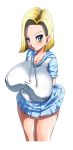 1girl android android_18 basara big_breasts blonde_hair blue_eyes blush breasts curvy dragon_ball dragon_ball_z earring earrings female hair highres huge_breasts jewelry large_breasts milf plump solo