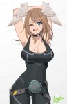 1girl 1girl absurd_res alluring arms_behind_head azure_monarch big_breasts black_bodysuit black_choker blue_eyes bodysuit breast_tattoo brown_hair choker cleavage eunie_(xenoblade) head_wings high_res long_hair looking_at_viewer medium_hair one_eye_closed simple_background smile tattoo white_wings wings wink xenoblade_(series) xenoblade_chronicles_3