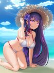 1girl alternate_costume beach big_breasts bikini breasts cleavage day female_only female_solo genshin_impact happyboynumber1 happyboynumber1_(artist) long_hair looking_at_viewer outside purple_eyes purple_hair raiden_shogun straight swimsuit white_bikini white_swimsuit