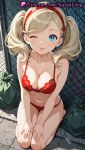 1girl 1girl 1girls 2025 ai ai_assisted ai_generated anime anime_style ann_takamaki atlus bag bangs bare_arms bare_shoulders big_breasts big_breasts blonde_hair blue_eyes blush bow bow_bra bow_panties bra breasts bust chain-link_fence cleavage closed_mouth collarbone female_focus female_only fence hairband hands_on_lap hands_on_own_knees hands_on_own_thighs hentai high_quality high_res high_res high_resolution kneel lace-trimmed_bra lace_trim lingerie lipstick long_hair looking_at_viewer makeup medium_breasts megami_tensei natsuyoru navel one_eye_closed outside panties panties patreon persona persona_5 persona_5_royal red_bra red_hairband red_panties seiza sitting smile solo_female stable_diffusion stomach swept_bangs thighs tongue tongue_out trash trash_bag twin_tails underwear underwear_only voluptuous voluptuous_female