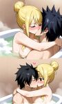 ai_generated bathtub black_hair blonde_hair breasts bun fairy_tail gray_fullbuster hair_tied_up kissing lucy_heartfilia pixai steam wholesome