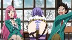 akashiya_moka anime aono_tsukune ass bent_over black_hair cap ecchi green_eyes long_hair panties pantyshot pink_hair purple_hair purple_panties rosario_+_vampire rosario_to_vampire school_uniform screencap shirayuki_mizore short_hair stockings striped striped_legwear striped_panties striped_thighhighs thigh_strap thighhighs underwear upskirt