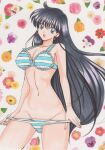 1990s_(style) 1girl 1girl absurd_res alluring bishoujo_senshi_sailor_moon black_hair bra female_focus floral_background flower high_res long_hair navel open_mouth panties panty_pull rascal_(n119) rei_hino retro_artstyle sailor_mars smile striped_bra striped_clothes striped_panties underwear