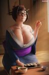 1girl alluring asian asian_female big_breasts blizzard_entertainment breasts brown_hair chinese chubby closed_eyes clothed clothing curvaceous curvy curvy_figure eating eyewear food fugtrup glasses happy huge_breasts indoors kimono kneel kneeling light-skinned_female light_skin mei-ling_zhou mei_(overwatch) mommy overwatch sexy sexy_body sexy_breasts short_hair slightly_chubby smile solo_focus sushi thicc thick thick_thighs voluptuous