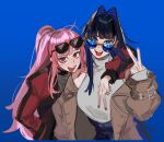 2_girls arm_around_shoulder blue-tinted_eyewear blue_background blue_eyes blue_hair brown_jacket colored_inner_hair eus_ing eyewear_on_head fangs gyaru_v hair_intakes high_res hololive hololive_english inward_v jacket long_hair looking_at_viewer mori_calliope multicolored_hair multicolored_jacket multiple_girls off_shoulder official_alternate_costume ouro_kronii pink_hair red_eyes tinted_eyewear tongue tongue_out two-tone_jacket v very_long_hair virtual_youtuber