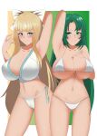 2_girls alternate_breast_size alternate_costume ass_visible_through_thighs bangs big_breasts big_breasts bikini blonde_hair blue_eyes breasts cecilia_(fire_emblem) charlotte_(fire_emblem) cleavage female_only fire_emblem fire_emblem:_the_binding_blade fire_emblem_fates green_eyes long_hair looking_at_viewer multiple_girls nintendo partially_visible_vulva pibu smile swimsuit tea;_hair very_long_hair white_bikini white_swimsuit