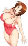 armpits arms_out bikini breasts brown_eyes brown_hair cleavage female happy large_breasts leotard navel open_mouth outstretched_arms short_hair sideboob simple_background smile solo standing swimsuit takasugi_kou thighs white_background