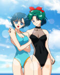 2_girls alluring ami_mizuno bikini bishoujo_senshi_sailor_moon blue_eyes blue_hair blue_sky cleavage cllbig medium_breasts michiru_kaioh michiru_kaiou ocean one-piece_bikini pin_up sailor_mercury sailor_neptune teal_hair