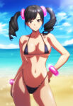 1girl alluring beach bikini black_hair blue_sky brown_eyes cleavage highleg_bikini ling_xiaoyu medium_breasts namco ocean pin_up tekken tekken_3 tekken_4 tekken_5_dark_resurrection tekken_7 tekken_8 tekken_blood_vengeance tekken_tag_tournament tekken_tag_tournament_2 twin_tails under_boob wolf_(artist)