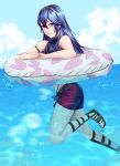 1girl alluring ameno_(a_meno0) arm_strap ass bikini bikini_shorts blue_eyes blue_hair day feet_out_of_frame fire_emblem fire_emblem_awakening hair_between_eyes innertube long_hair lucina lucina_(fire_emblem) midriff navel nintendo ocean outside partially_submerged partially_underwater_shot short_shorts shorts small_breasts stomach summer swim_ring swimming swimsuit tiara underwater wet wet_hair