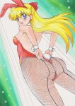 1990s_(style) 1girl 1girl absurd_res alluring animal_ears ass back-seamed_legwear bad_id bad_pixiv_id bishoujo_senshi_sailor_moon blonde_hair blue_eyes covered_erect_nipples cute detached_collar fake_animal_ears female_focus fishnet_pantyhose fishnets from_behind from_below hair_ribbon high_res insanely_hot leotard long_hair medium_breasts minako_aino pantyhose playboy_bunny rabbit_ears rabbit_tail rascal_(n119) red_leotard retro_artstyle ribbon sailor_venus seamed_legwear spotlight sweat tail wrist_cuffs