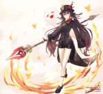 1girl arm_at_side bare_legs black_hair black_hat black_headwear boo_tao_(genshin_impact) butterfly clenched_teeth eyebrows_visible_through_hair eyes_visible_through_hair female_only full_body fuyuni0307 genshin_impact ghost grin hair_between_eyes hat headwear holding holding_spear holding_weapon hu_tao_(genshin_impact) legs long_hair long_sleeves looking_at_viewer neck red_eyes round_teeth smile spear standing teeth tied_hair twin_tails weapon