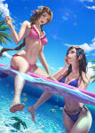 2_girls aerith_gainsborough alluring angelfish anklet arm_rest barefoot beach bikini bird black_hair braid braided_ponytail brown_hair bubble caustics cloud cloudy_sky commentary costa_del_sol day english_commentary feet final_fantasy final_fantasy_vii final_fantasy_vii_remake fish flower green_eyes hair_flower hair_ornament hair_ribbon high_res jewelry jpeg_artifacts long_hair looking_at_another medium_breasts multiple_girls navel nibelart open_mouth palm_tree partially_submerged partially_underwater_shot red_eyes ribbon sand seagull signature sitting sky soles square_enix summer surf swimming swimsuit teeth tifa_lockhart toes tree underwater upper_teeth_only water wet