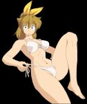 1girl adjusting_clothes bikini blue_eyes bow breasts brown_hair cleavage crotch_seam female_focus hairbow high_res long_hair m.u.g.e.n mugen_ryuko navel oggy_(oggyoggy) original partially_visible_vulva ponytail ribbon ryuko_(oggyoggy) side-tie_bikini_bottom string_bikini swimsuit tagme transparent_background white_bikini