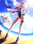 1girl alluring amber_eyes beach big_breasts blue_sky boots chinese_cabbage)_(artist) lavender_hair nintendo ocean one-piece_bikini poppi_(xenoblade) poppi_qtpi_(xenoblade) scarf tora_(xenoblade_2) xenoblade_(series) xenoblade_chronicles_2