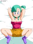 bed blue_eyes blush breasts bulma cleavage cute dragon_ball footwear green_hair looking_at_viewer old_school_academy smile socks solo spread_legs