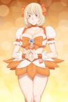 1girl aoki_kou aoki_yuriko bad_id bakuman blonde_hair blush bow breasts brown_eyes cleavage cosplay cure_sunshine cure_sunshine_(cosplay) dress female gradient gradient_background heartcatch_precure! heartcatch_pretty_cure! large_breasts legs looking_at_viewer magical_girl myoudouin_itsuki navel orange_(color) orange_background orange_bow orange_dress orange_skirt precure pretty_cure short_hair skirt solo takasugi_kou takasugikou yellow_background