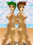  ass beach black_eyes breasts colleen edit green_hair lizzy nude_edit ocean orange_hair original shiny shiny_skin short_hair x^j^kny x^j^kny_(artist) 