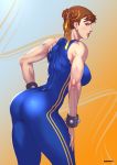 ass bare_shoulders bodysuit bracelet braid breasts brown_hair capcom chun-li dmitrys double_bun double_buns eyeshadow female hair_ribbon hand_on_hip jewelry leotard makeup muscle oppai oshiri ribbon skin_tight spandex street_fighter street_fighter_zero thick_thighs thighs twin_braids unitard