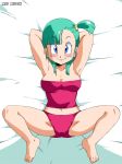 blue_eyes blush breasts bulma bulma* bulma_brief bulma_briefs cleavage dragon_ball feet female_only green_hair looking_at_viewer navel old_school_academy on_back panties smile solo solo_female spread_legs toes underwear