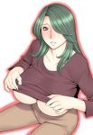  1girl bad_id bangs blush breasts collarbone female from_above green_eyes green_hair hair_over_one_eye huge_breasts milf original shirt_lift sitting smile solo swept_bangs takasugi_kou takasugikou underboob 