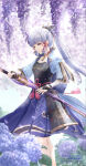 1girl bangs bare_legs blunt_bangs eyebrows_visible_through_hair female_only female_solo fuyuni0307 genshin_impact grey_eyes grey_hair hair_between_eyes head_down high_ponytail holding holding_sword holding_weapon jewelry kamisato_ayaka legs long_hair looking_at_viewer looking_to_the_side neck necklace open_mouth ponytail sheath silver_hair standing sword tied_hair weapon