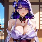 1girl ai_generated big_breasts bra breasts genshin_impact kimono looking_at_viewer oiled purple_eyes purple_hair raiden_shogun seductive tight_fit xland